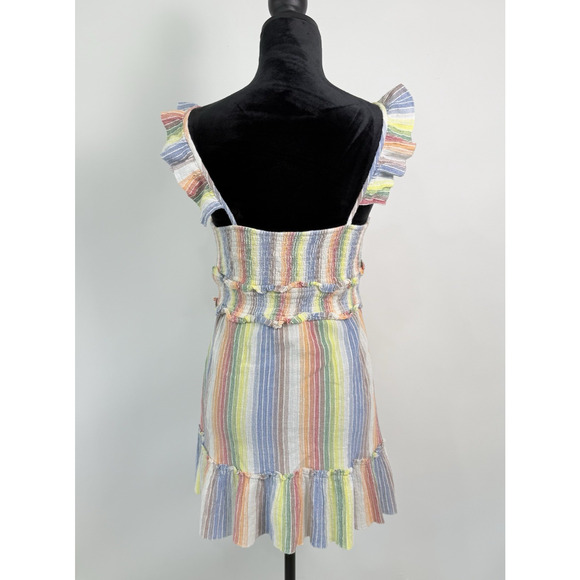 Saylor Alma Mini Dress Tag XL Fit Medium Colorful Striped Ruffle Smocked - READ‎ - Picture 3 of 7